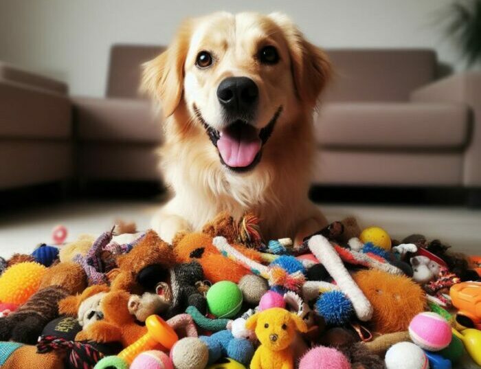 A happy dog sitting in a pile of his favourite toys