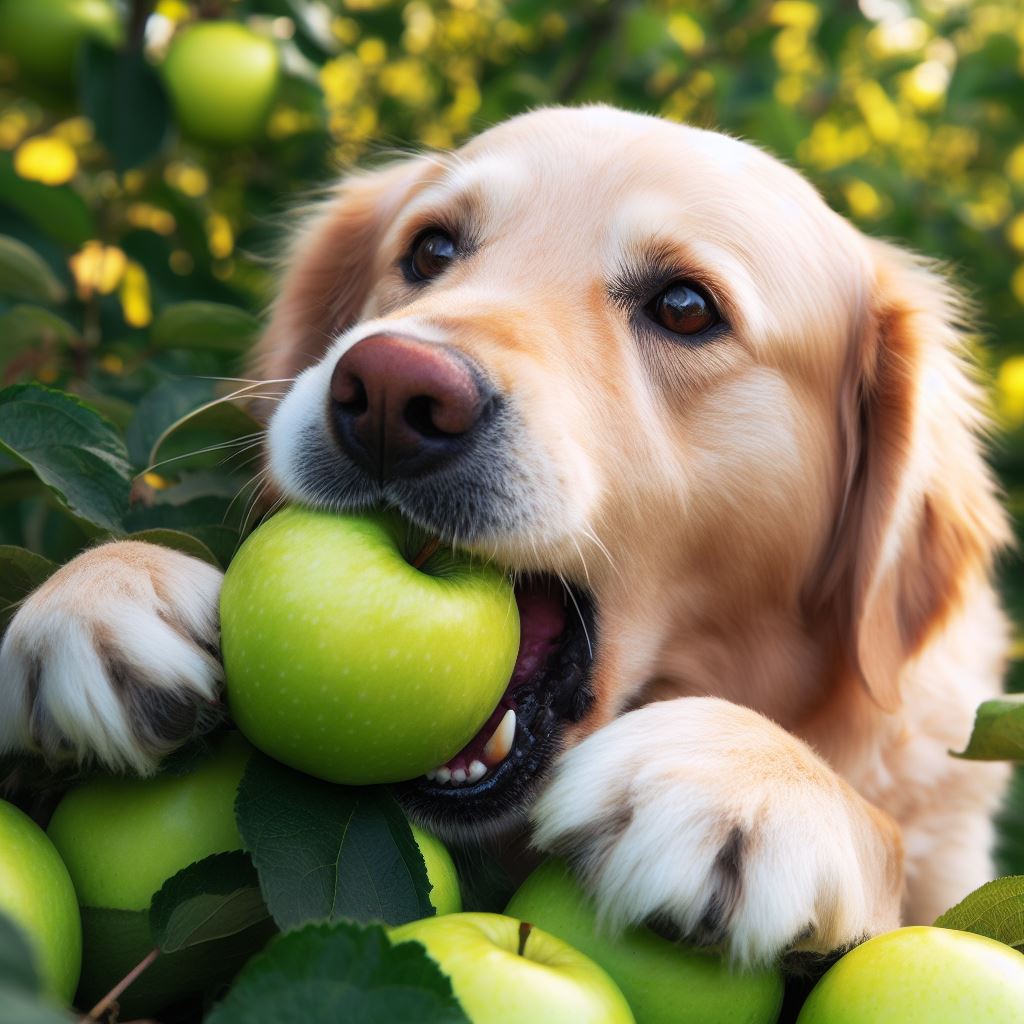 A cute golden coloured dog taking a bite out of a juicy green apple